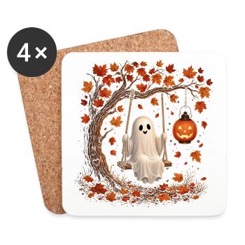 Fantôme d’Halloween en balançoire avec Automne de la citrouille - Dessous de verre (lot de 4) - blanc - Devant