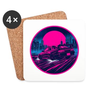 Retro 90s JDM Coupe Rainy Neon Cyber City Emblem - Coasters (set of 4) - white - Front