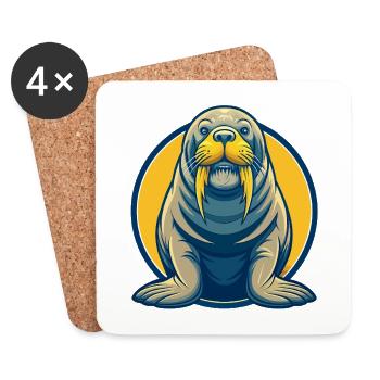 Walrus Kawaii Maskottchen Cartoon Clipart Logo Abzeichen - Untersetzer (4er-Set) - Weiß - Vorne