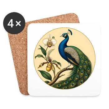 Paon Bleu sur Cercle Doré Floral - Dessous de verre (lot de 4) - blanc - Devant