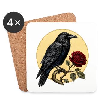 Rabe (Corvus corax) & Botanische Rote Rose - Untersetzer (4er-Set) - Weiß - Vorne