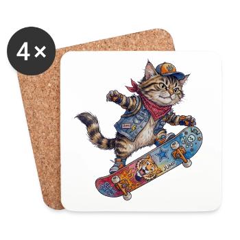 Coole Skater Katze Skateboard Design - Untersetzer (4er-Set) - Weiß - Vorne