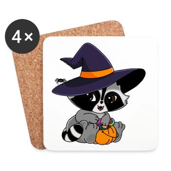 Snuggles der Waschbär mit Halloweensüßigkeiten - Untersetzer (4er-Set) - Weiß - Vorne