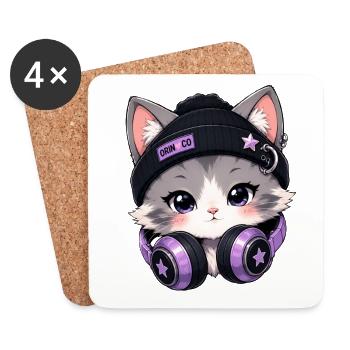 Lila DJ-Katze mit Kopfhörern - Untersetzer (4er-Set) - Weiß - Vorne