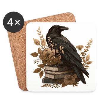 Rabe auf Büchern mit Blumen – Vintage - Untersetzer (4er-Set) - Weiß - Vorne