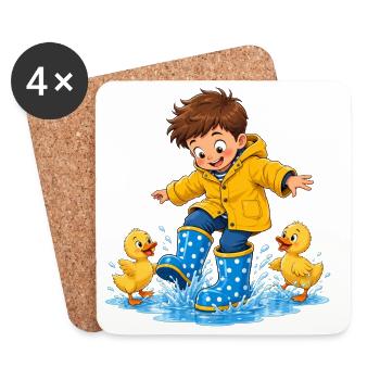 Boy jumping with ducklings in puddles of water - Coasters (set of 4) - white - Front