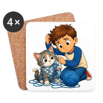 Junge befreit Katze sanft aus blauem Wollknäuel - Untersetzer (4er-Set) - Weiß - Vorne