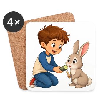 Kaninchen bekommt Gurke vom fröhlichen Jungen - Untersetzer (4er-Set) - Weiß - Vorne