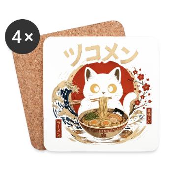Kawaii Chat Mangeant des Nouilles Ramen drôle  - Dessous de verre (lot de 4) - blanc - Devant