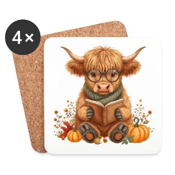 Douillet d’automne Highland Cow Reading - Dessous de verre (lot de 4) - blanc - Devant