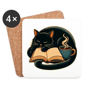 Kuschelkater beim Lesen mit Kaffee - Untersetzer (4er-Set) - Weiß - Vorne