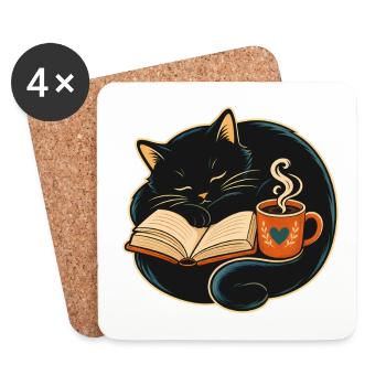 Schlafende Katze beim Lesen & Kaffee - Untersetzer (4er-Set) - Weiß - Vorne