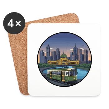 Melbourne City Skyline mit Vintage-Straßenbahn-Aufkleber - Untersetzer (4er-Set) - Weiß - Vorne