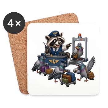 Raccoon checks pigeons at airport chaos - Coasters (set of 4) - white - Front