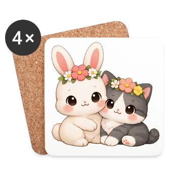 Lapin avec chat - Dessous de verre (lot de 4) - blanc - Devant