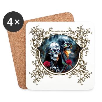 Totenkopf und Rosen: Gotische Kunst - Untersetzer (4er-Set) - Weiß - Vorne