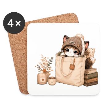 Gemütliches Kätzchen in einer Stofftasche - Untersetzer (4er-Set) - Weiß - Vorne