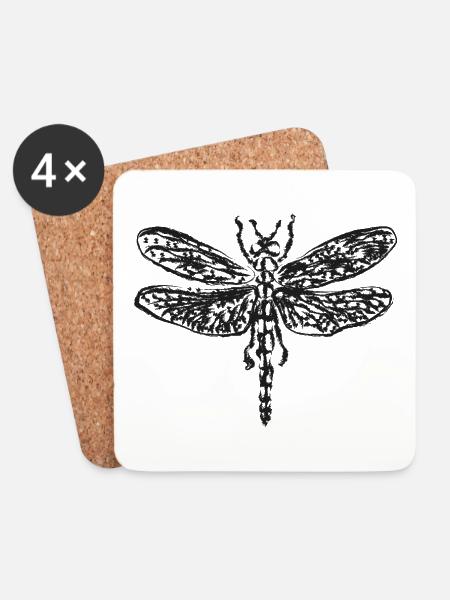 Schwarze Vintage-Libelle – Insektenillustration - Untersetzer (4er-Set) - Weiß