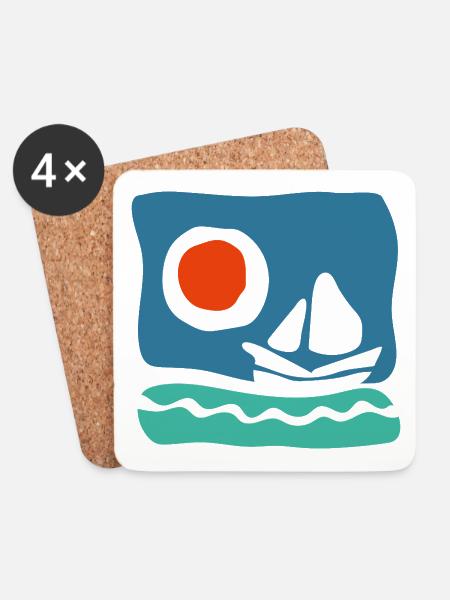 Sailboat on azure sea – Marine illustration - Coasters (set of 4) - white