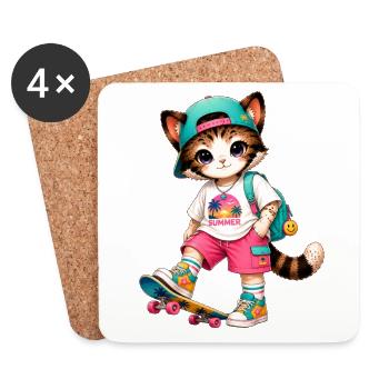 Kitten Summer Skateboarding - Coasters (set of 4) - white - Front