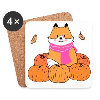 Cute Fox with Pumpkins Autumn Cartoon - Coasters (set of 4) - white - Front