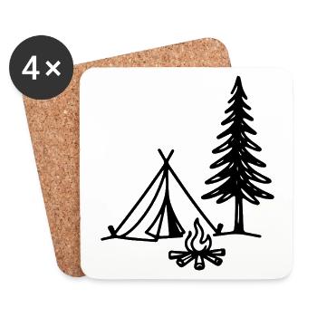 Camping Tent with Campfire and Christmas Tree Outdoor - Coasters (set of 4) - white - Front