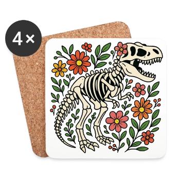 T Rex Skeleton with Flowers - Coasters (set of 4) - white - Front