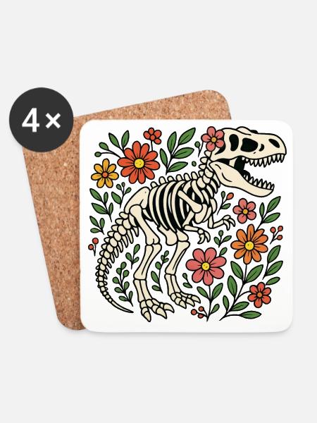 T Rex Skelett mit Blumen - Untersetzer (4er-Set) - Weiß