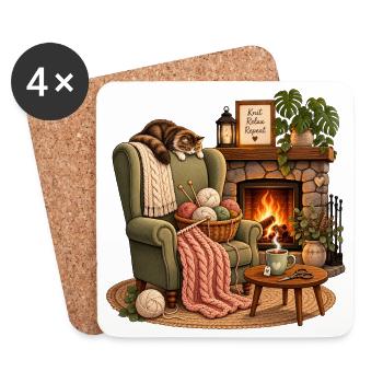 Cuddly knitting time by the fireplace knitting handmade - Coasters (set of 4) - white - Front