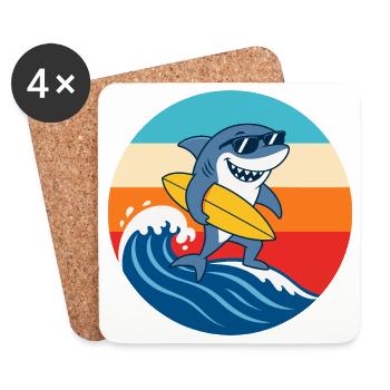 Retro Sunset Surf Cartoon Shark - Coasters (set of 4) - white - Front