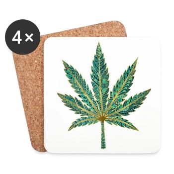 Teal Gold Ornate Leaf Print - Coasters (set of 4) - white - Front