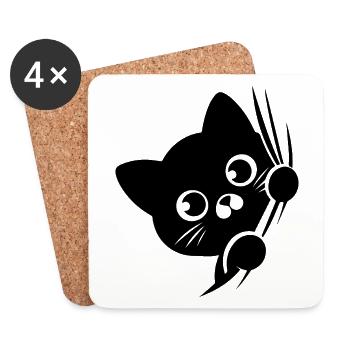 Baffled cat behind the curtain - Coasters (set of 4) - white - Front