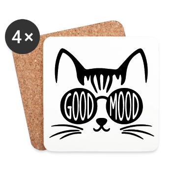 Good Mood Cat with Round Glasses - Coasters (set of 4) - white - Front