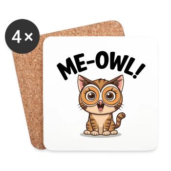 Me-Owl – Dessin animé Chat portant un masque de hibou avec un jeu de mots - Dessous de verre (lot de 4) - blanc - Devant