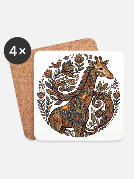 Ornament-Giraffe mit Blütenmuster - Untersetzer (4er-Set) - Weiß