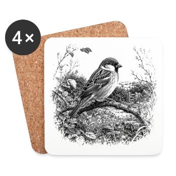 Cute sparrow in nature in drawing style - Coasters (set of 4) - white - Front