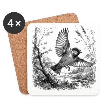 Süßer Spatz im Flug in Natur im Zeichenstil - Untersetzer (4er-Set) - Weiß - Vorne