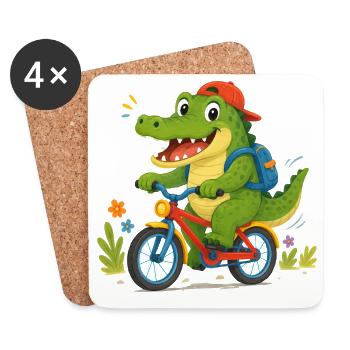 Cheerful crocodile riding a bicycle to school - Coasters (set of 4) - white - Front
