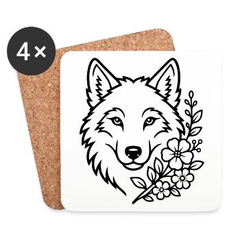Wolf with Flowers Elegant Nature Art - Coasters (set of 4) - white - Front