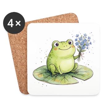 Niedlicher Frosch mit Vergissmeinnicht Blumen - Untersetzer (4er-Set) - Weiß - Vorne