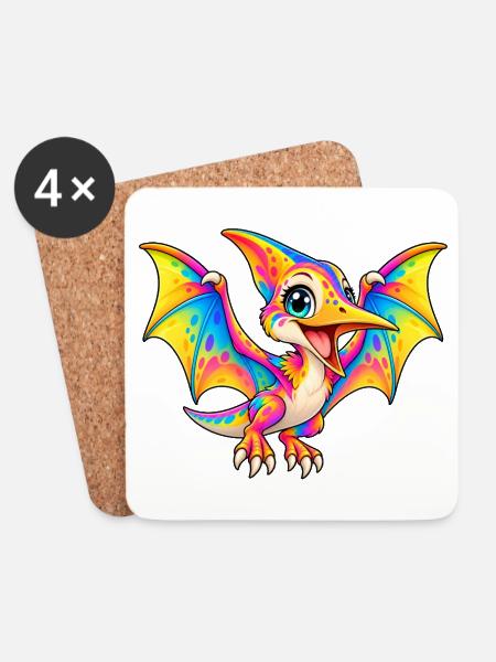 Kawaii Multicolor Pterodaktylus - Untersetzer (4er-Set) - Weiß
