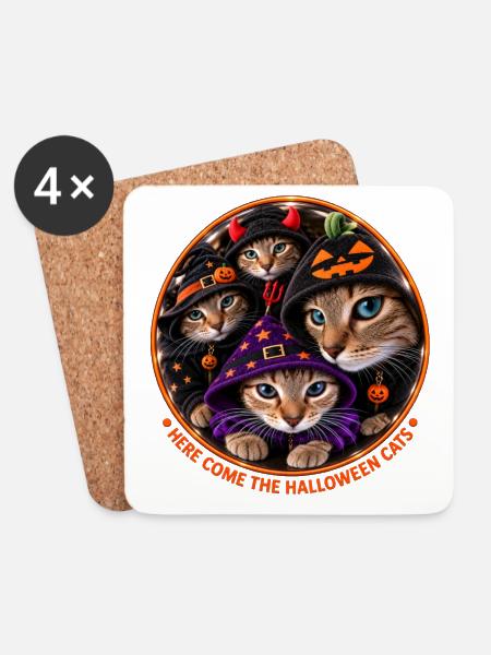 Halloween Katzen im Kostüm Rundemblem - Untersetzer (4er-Set) - Weiß