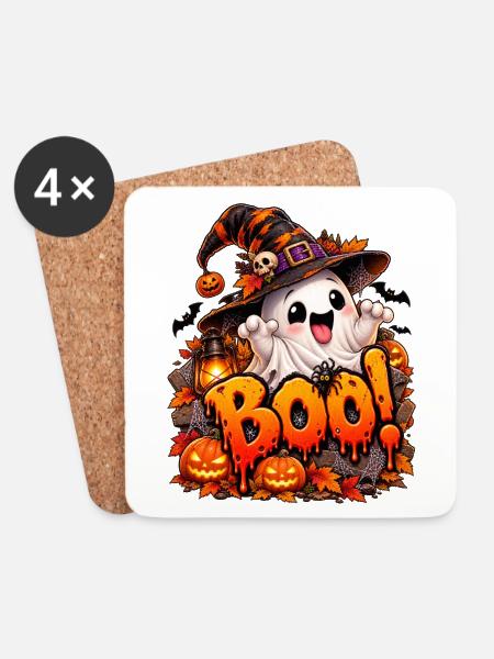 Boo Halloween Geist mit Kürbissen - Untersetzer (4er-Set) - Weiß