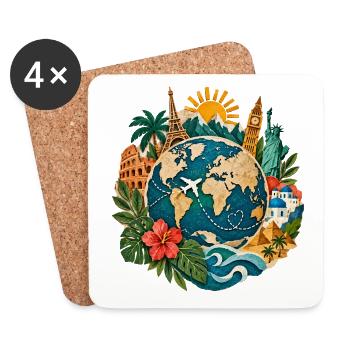 Weltreise Globus mit Landmarken - Untersetzer (4er-Set) - Weiß - Vorne