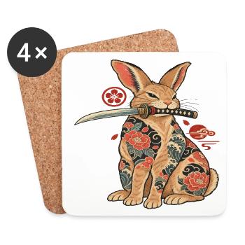 Katzen-Samurai mit Blüten-Tattoo - Untersetzer (4er-Set) - Weiß - Vorne