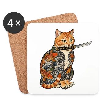 Tattoo Katze mit Messer - Untersetzer (4er-Set) - Weiß - Vorne