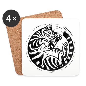 Schlafende getigerte Katze – Vintage-Gravur-Illustration - Untersetzer (4er-Set) - Weiß - Vorne