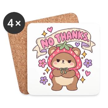 Kawaii Bär mit Erdbeer-Kappe No Thanks - Untersetzer (4er-Set) - Weiß - Vorne