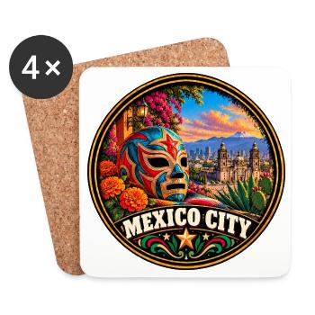 Mexiko City Bunte Maske mit Kakteen und Blumen - Untersetzer (4er-Set) - Weiß - Vorne
