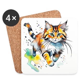 springende  Katze im wasserfarbenlook - Untersetzer (4er-Set) - Weiß - Vorne